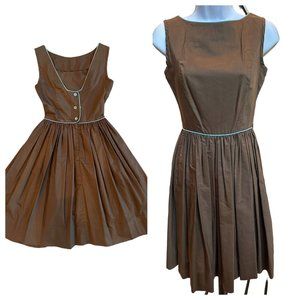 Vintage Union Made Bobbie Brooks Brown, Teal trim open Dress Knee Length Small